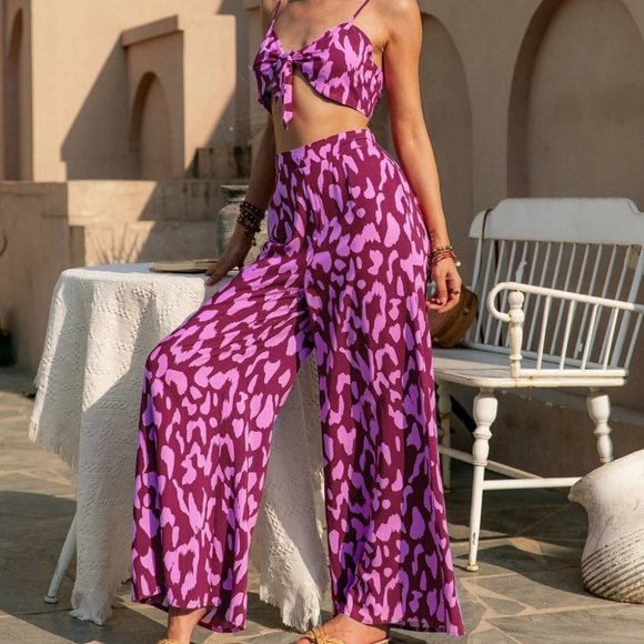 . Pants - Purple Summer Allover Print Crop Cami Top & Wide Leg Pants Set